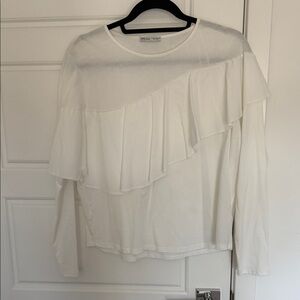 Zara Ruffled Long-Sleeve Crewneck Top - White